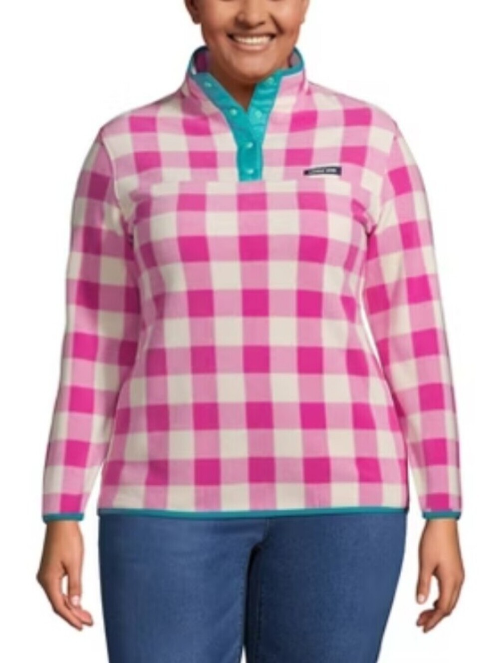 Lands' End Pink & White Buffalo-Check Snap-Neck Fleece with Teal Trim